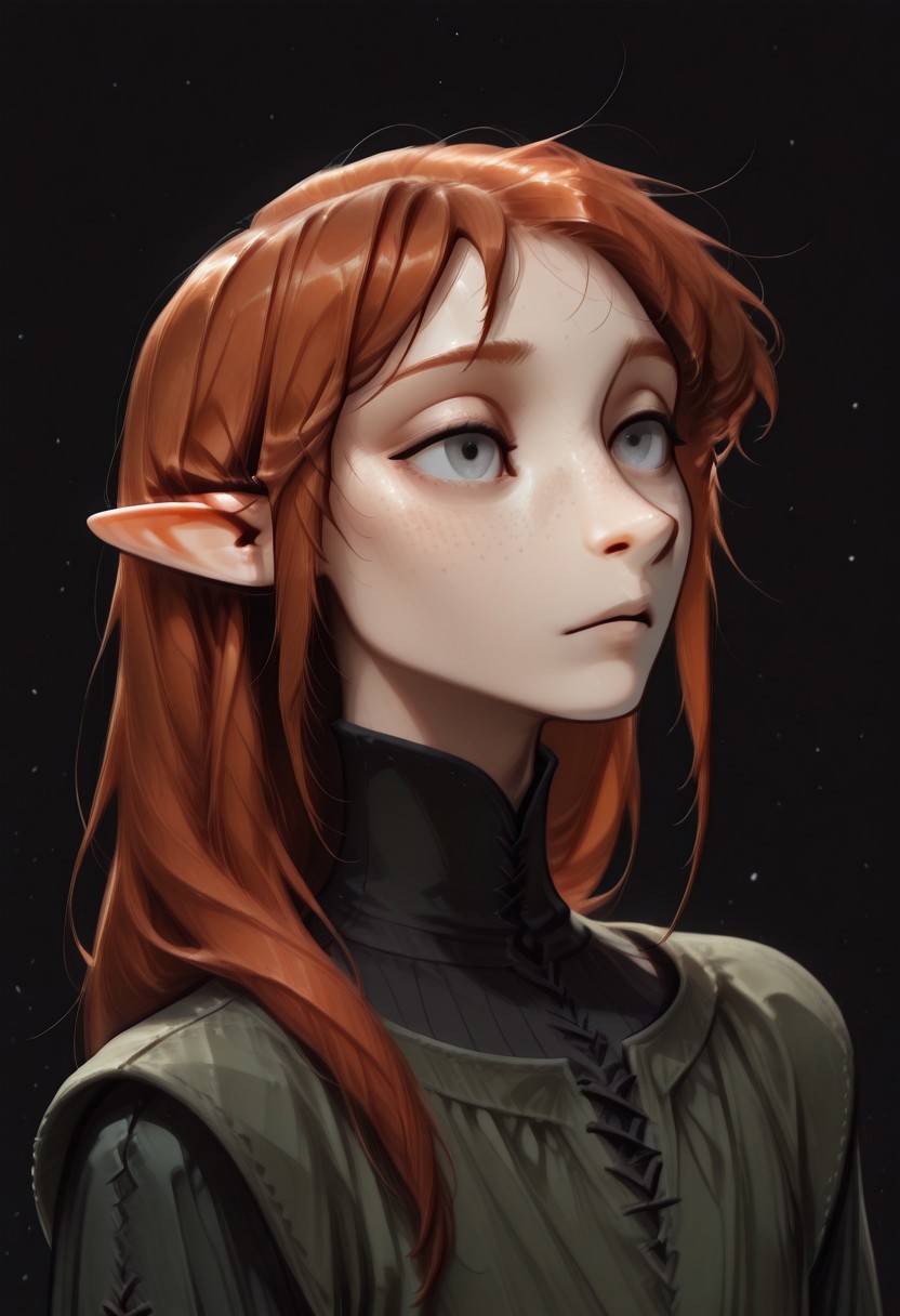 1person, ((Lapanya)), Malgha, freckles, 2 strands of hair sticking up, pointy ears, Long-sleeve black shirt, green tunic,
looking around, floating, weightless, 
Close up, face focus, highly detailed face,
Black background, void background, empty space background,
Source: semi-realistic