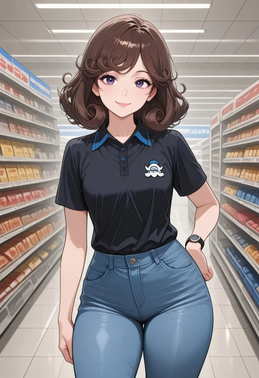 screencap, masterpiece, highres, 8k, clean_lines, perfect_anatomy, dynamic_lighting, 1girl, female, (mature female:1), young adult, cute, emo, alternative style, earnest smile, happy, thick thighs, flat chest, slim, (curly hair:1.6), dark brown hair color, indigo eyes, nice lips, manicure, classy simple makeup, blue jeans, polo shirt, smart watch, supermarket background, Walmart location,