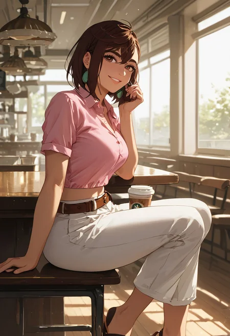 masterpiece,best quality, highly detailed, score_9, score_8_up, score_7_up, score_6_up, hyperrealistic,
BREAK
1girl, (((Momo Ayase, sexy, adult, Brown hair, medium hair, brown eyes, thick thighs ))), full breasts, thick thighs, (((sexy pose, closeup, focus on face, waist up photo, portrait)),
, (((white Pants, brown belt, midriff pink blouse, sandals, closeup, looking at viewer,, drunk, flirty smile)))
((Sitting, relaxed, chair, cafe, , paper coffee cup, cute, ))),, coffee shop, morning, by window, shadows, (((sexy setting,view from Side, eye level, sunlight on body romantic, hidden))); , , vibrant colors, soft focus, textured surfaces, depth of field, dim, rich details,,background, (((solo)))