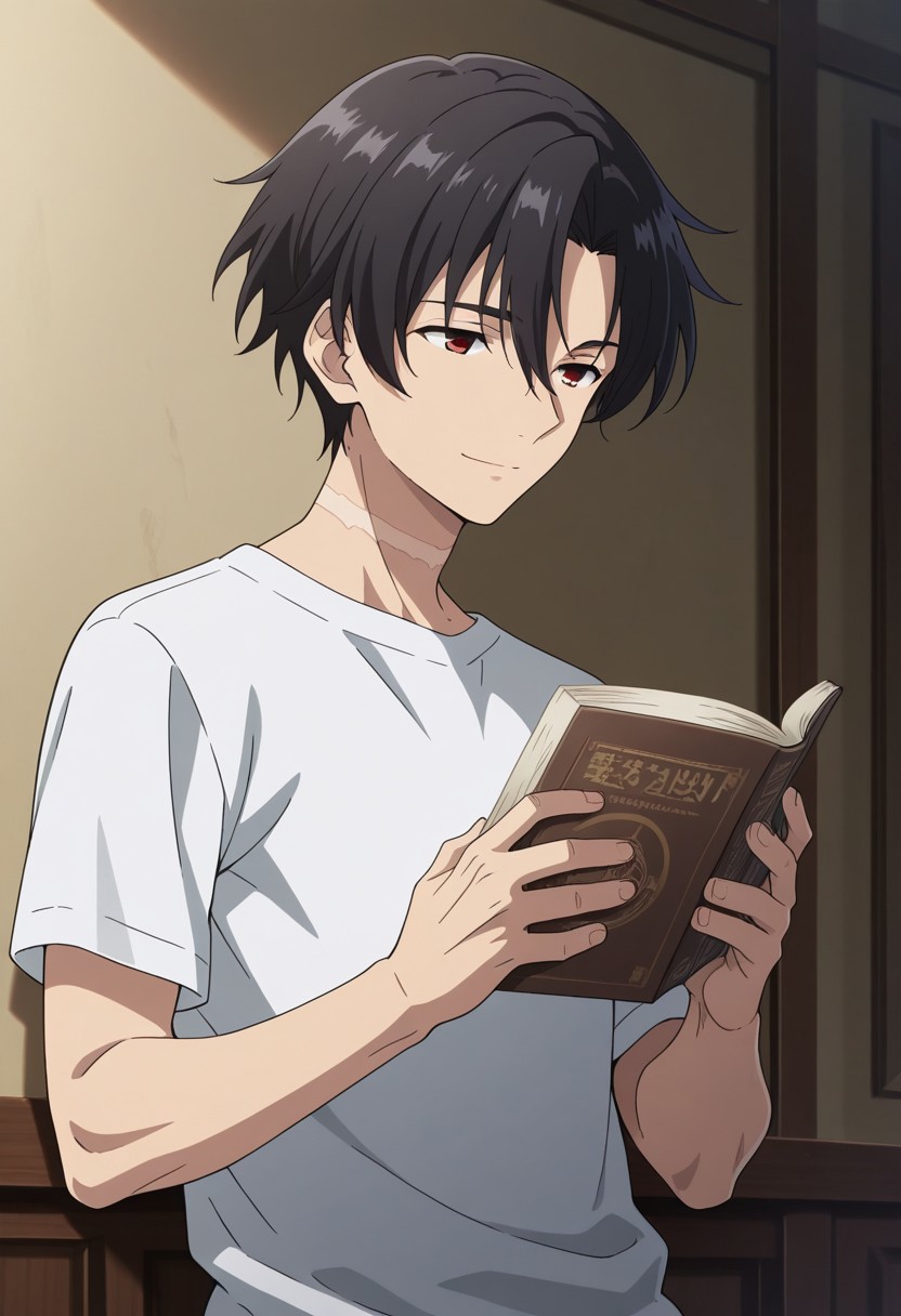 masterpiece,best quality,amazing quality, source_anime, 
ShineiNouzen, 1boy, male focus, solo, red eyes, black hair, scar on neck, t-shirt, holding  books, light smile,