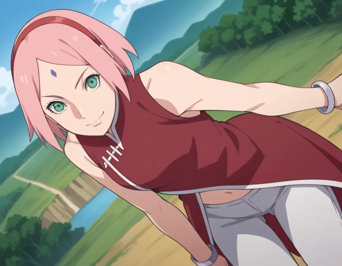 score_9, score_8_up, score_7_up, source_anime,
sakuraharuno, <lora:sakura-haruno-boruto-anime-ponyxl-lora-nochekaiser:1>,
sakura haruno, short hair, green eyes, pink hair, hairband, facial mark, forehead mark, red hairband,
navel, bare shoulders, jewelry, sleeveless, pants, bracelet, dress, red dress,
outdoors, landscape, bent over, smile,
solo, dutch angle, looking at viewer, cowboy shot,