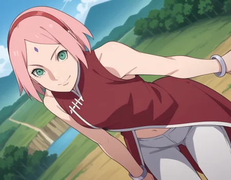 score_9, score_8_up, score_7_up, source_anime,
sakuraharuno, <lora:sakura-haruno-boruto-anime-ponyxl-lora-nochekaiser:1>,
sakura haruno, short hair, green eyes, pink hair, hairband, facial mark, forehead mark, red hairband,
navel, bare shoulders, jewelry, sleeveless, pants, bracelet, dress, red dress,
outdoors, landscape, bent over, smile,
solo, dutch angle, looking at viewer, cowboy shot,