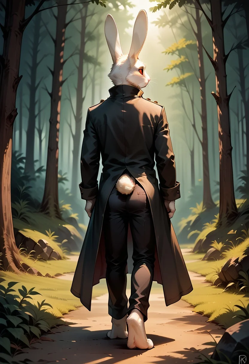 masterpiece, absurdres, very aesthetic, score_9, score_8_up, score_7_up, score_6_up,
rear view, from behind, no humans,
solo, furry male, Anthro Rabbit, Marquis_De_Hoto, blank eyes, red sclera, no pupils, mouthless, whiskers, (cheek tuft:1.2), rabbit ears, white ears, white fur, white body, rabbit tail, scut tail, (high collar, popped collar:1.2), long neck, yellow neck ribbon, slim, skinny, looking back,
(dark red tailcoat:1.1), ragged coat, torn coat, sleeve cuffs, black capris, black shorts, rolled up pants, barefoot, rabbit feet, perfect hands, full-length portrait, full body, walking, old-fashioned, (adjusting clothes:1.1), adjusting sleeve, confident,
detailed shading, absurdres, outdoors, forest, light shaft, dark, cast shadow, realistic fur, furry_diffusion