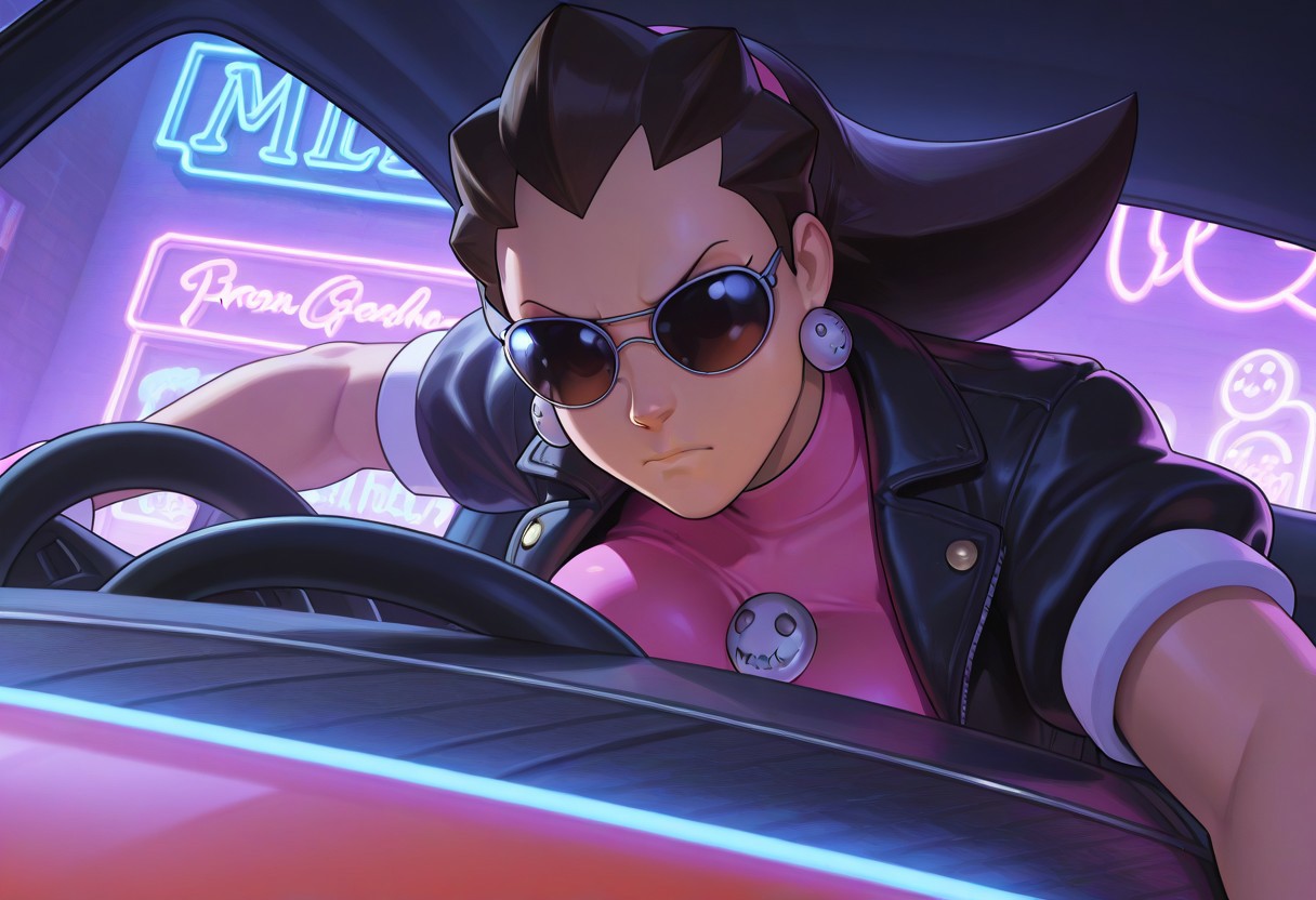 beautiful shadows, detailed background,high res, extremely detailed, beautiful lighting,sunglasses, black leather jacket, neon lights, driving, sport car, nighttime,
1girl, tall,Tron Bonne, large breasts,beautiful skin, milf, face closeup, inside car, futuristic car, neon signs, dynamic angle ,view from side