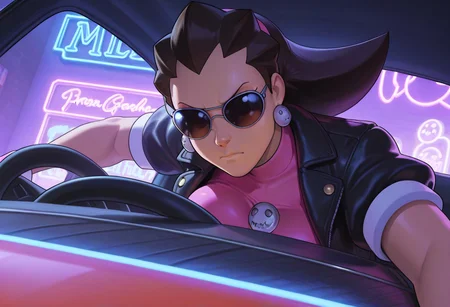beautiful shadows, detailed background,high res, extremely detailed, beautiful lighting,sunglasses, black leather jacket, neon lights, driving, sport car, nighttime,
1girl, tall,Tron Bonne, large breasts,beautiful skin, milf, face closeup, inside car, futuristic car, neon signs, dynamic angle ,view from side