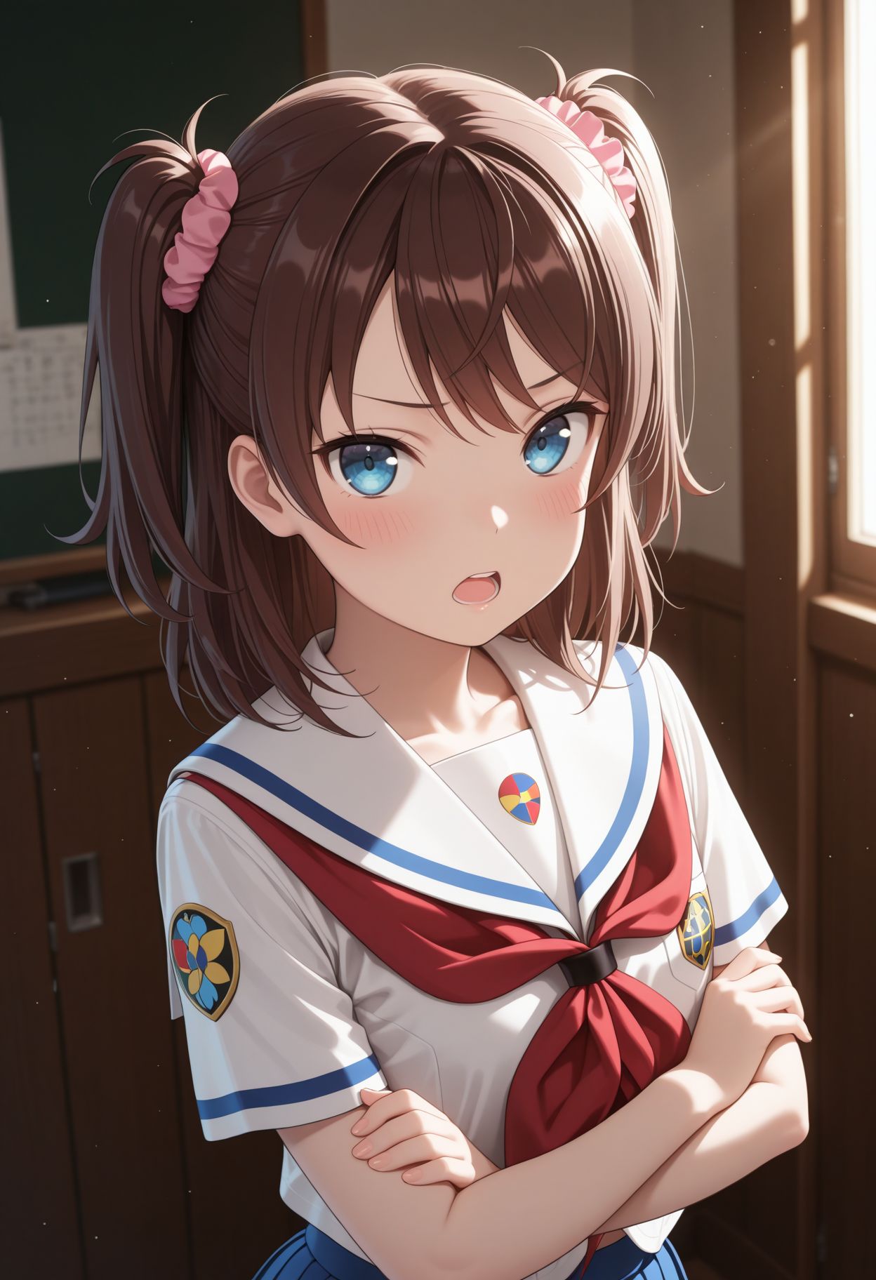 masterpiece,best quality,absurdres,highres,very aesthetic,high quality,detailed,insanely detailed,beautiful,perfect lighting, looking at viewer, 
 <lora:Ogasawara Hikari llu:1>1girl, school uniform, serafuku, blue eyes, brown hair, crossed arms, blue skirt, pleated skirt, open mouth, looking at viewer, short sleeves, red neckerchief, two side up, badge, blush, hair ornament, scrunchie