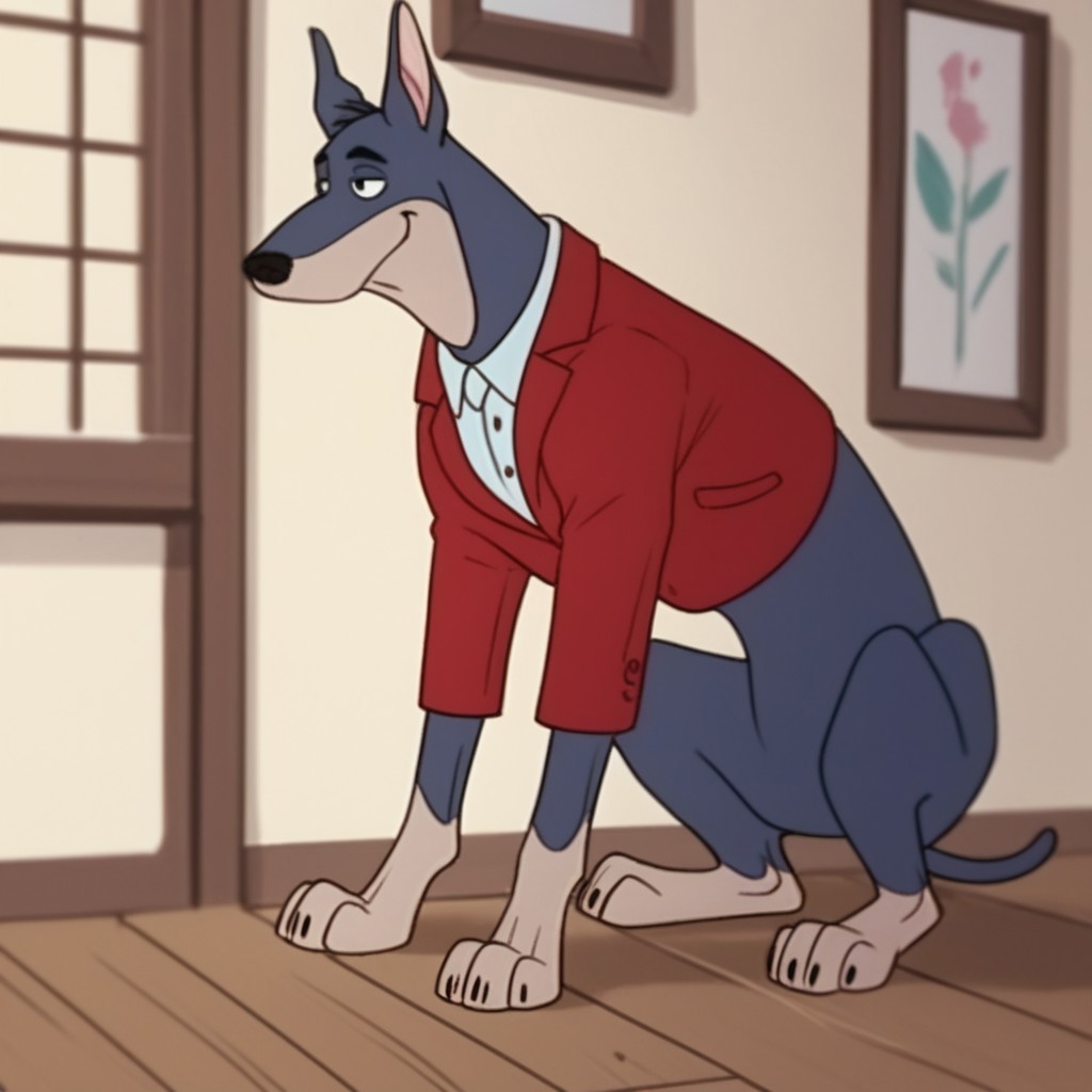 score_9, score_8_up, score_7_up, score_6_up, score_5_up, score_4_up, source_furry, dynomuttHB, feral, male, Doberman, Blue-gray fur, black eyes, red jacket, inside, solo, 1boy, formal
