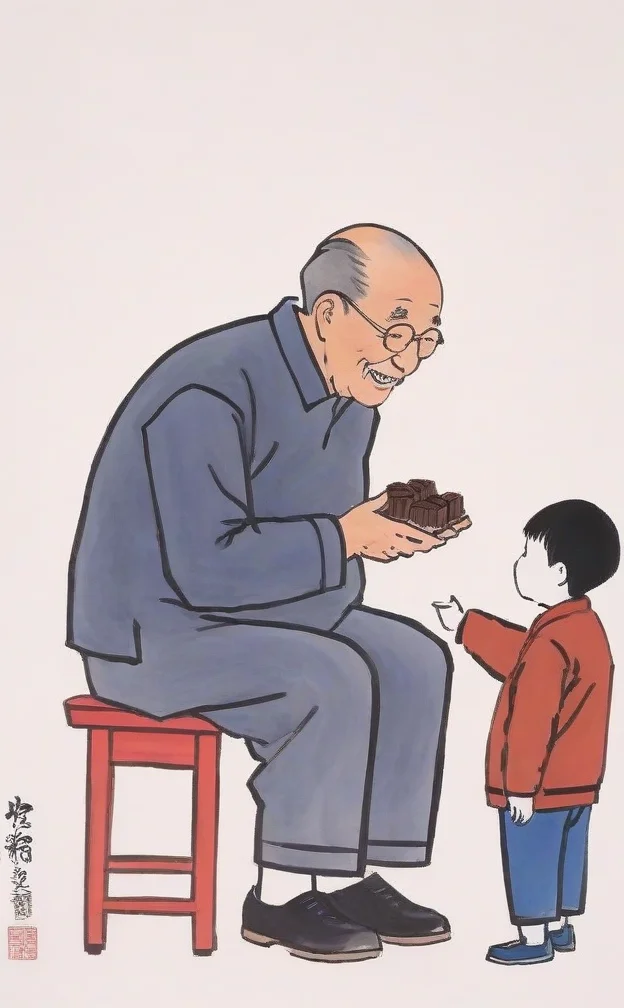 <lora:feng_zikai_style:1> chinese painting of grandpa and grandson, grandap is handing a chocolate to the grandson, feng zika style