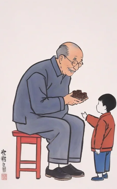 <lora:feng_zikai_style:1> chinese painting of grandpa and grandson, grandap is handing a chocolate to the grandson, feng zika style