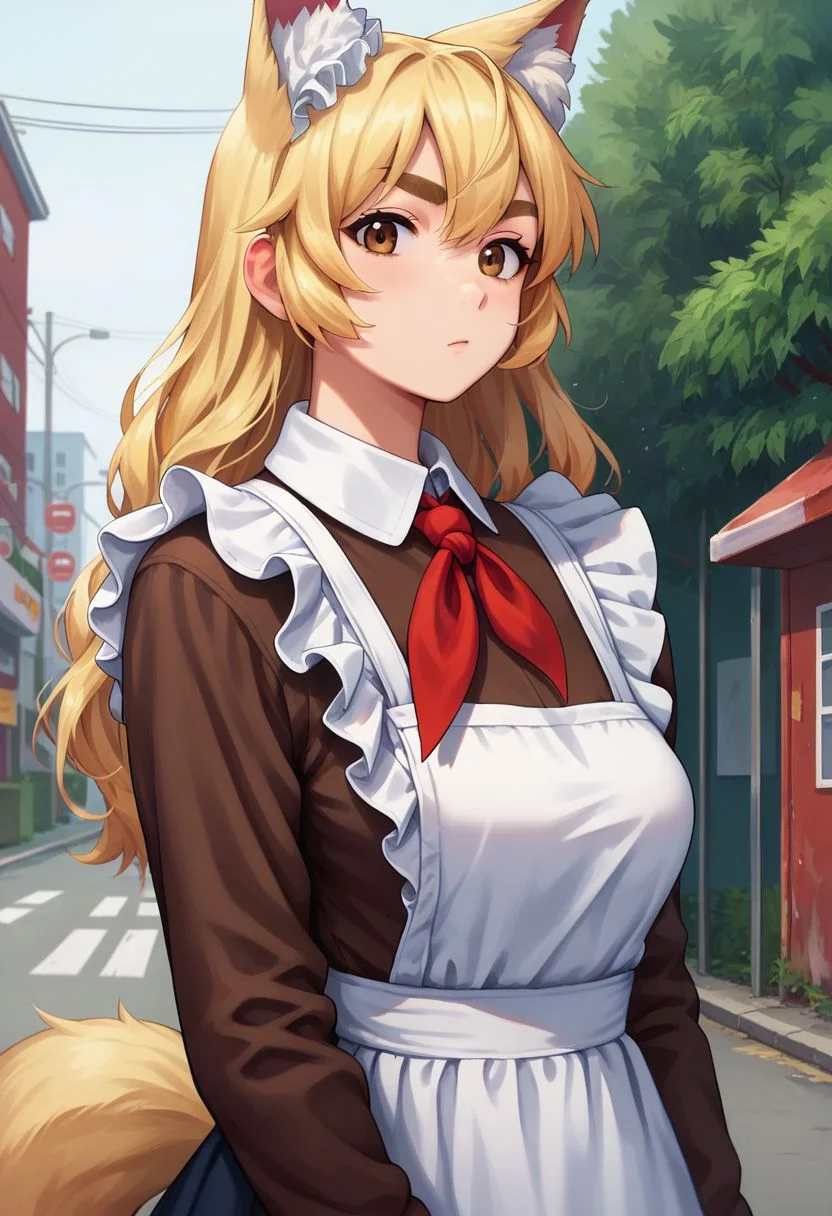 score_9,score_8_up,score_7_up,1girl,blonde hair,long hair,brown eyes,thick eyebrows,fox ears,bangs,curvy,fox tail,soviet schoolgirl uniform, frilled apron, frilled hair scrunchie, red neckerchief,upper body,soviet street,20th century, outdoors, looking at viewer