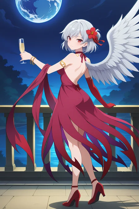 absurdres, highres, masterpiece, best quality, amazing quality, official anime artwork, screencap, anime screencap, outdoors, looking at viewer, light smile, dynamic pose, earth, night, 
 <lora:Sagume-Kishin_Illustrious:1> kishin sagume, 1girl, solo, red eyes, grey hair, short hair, single wing,, kishin sagume \(goddess of fate\), alternate costume, backless outfit, bracelet, hair flower, red flower, hair ornament, hair ribbon, high heels, jewelry, red dress, red glove, ribbon, shawl, single elbow glove, champagne flute, cup, dress, drinking glass