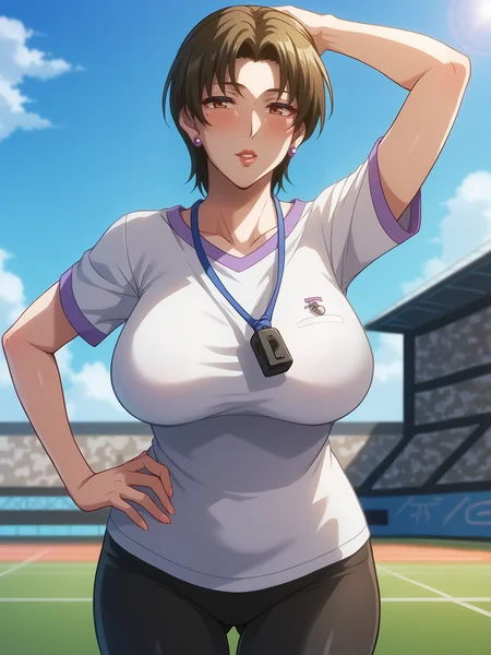 score_9, score_8_up, score_7_up, score_6_up, BREAK,
IkumiSunohara is standing, hand on own hip, holding whistle, arm up,
1girl, mature female, milf, solo, legs apart, cowboy shot,
looking at viewer, blush, parted lips,
short hair, brown eyes, earrings, shiny, lips,
white purple two-tone T-shirt, multicolored clothes, short sleeves, black yoga pants,
large breasts, thighs,
outdoors, stadium, blue sky,
<lora:IkumiSunohara3216XL:1>