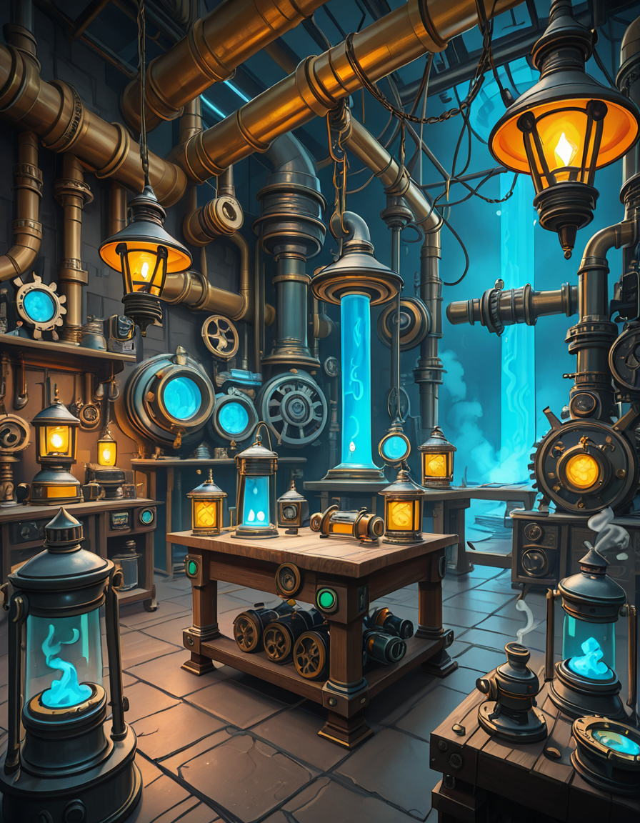 A highly detailed and immersive gnome workshop inspired by World of Warcraft, filled with intricate mechanical devices, glowing gadgets, and arcane-infused machinery. The workshop is cluttered with blueprints, gears, and steam-powered contraptions, creating a vibrant steampunk-fantasy aesthetic. The lighting comes from flickering arcane lamps, neon-colored tubes, and softly glowing mana crystals, casting a warm yet mysterious ambiance. In the background, large brass pipes, rotating cogs, and suspended platforms form a complex, multi-layered workspace. A large workbench at the center is covered with half-finished inventions, from tiny clockwork creatures to experimental energy weapons. The walls are adorned with schematics, tool racks, and magical energy conduits. The atmosphere feels lively, as if gnome engineers have just stepped away from their latest tinkering project, leaving sparks flying and steam hissing from unfinished experiments. The color palette is a mix of vibrant blues, greens, and metallic hues, enhancing the high-tech yet whimsical charm of gnomish engineering.<lora:SDXLFaeTastic2400:0.4> <lora:extremely_detailed:0.4> extremely detailed,gnome w0rksh0p <lora:gnome_w0rksh0p-i:1>, Masterpiece,best quality,hi res,8k,hi res,8k,award winning,(sharp focus, intricate, highly detailed),