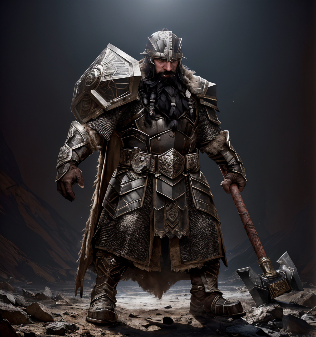 RAW photo, (masterpiece:1.3), subsurface scattering, heavy shadow, (high quality:1.4), (intricate, high detail:1.2), professional photography, HDR, High Dynamic Range, realistic, ultra realistic, photorealistic, high resolution, film photography, ambient lighting, atmospheric effects, <lora:detail_slider_v4:2>, OverallDetail, 1boy, armor, axe, beard, black hair, helmet, boots, brown gloves, cape, chainmail, dwarfwarrior, forest, full body, gloves, holding hammer, holding shield, male focus, mustache, shoulder armor, simple background, solo, standing, weapon, in a mine, epiCPhoto, <lora:DwarfWarrior:1>
