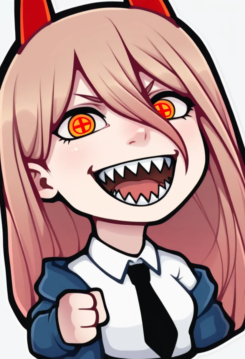 sticker, colorful, outline, chibi,
masterpiece, best quality, very aesthetic, absurdres,
1girl, power \(chainsaw man\), pink hair, blonde hair, red horns, red eyes, cross-shaped pupils, long hair, sharp teeth, hair between eyes, symbol-shaped pupils,
collared shirt, black necktie, long sleeves,
looking at viewer, white shirt, open mouth,
simple background, white background, smile, upper body, <lora:StickerNoobLocon_byKonan:1>