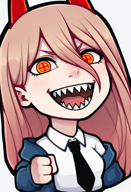 sticker, colorful, outline, chibi,
masterpiece, best quality, very aesthetic, absurdres,
1girl, power \(chainsaw man\), pink hair, blonde hair, red horns, red eyes, cross-shaped pupils, long hair, sharp teeth, hair between eyes, symbol-shaped pupils,
collared shirt, black necktie, long sleeves,
looking at viewer, white shirt, open mouth,
simple background, white background, smile, upper body, <lora:StickerNoobLocon_byKonan:1>