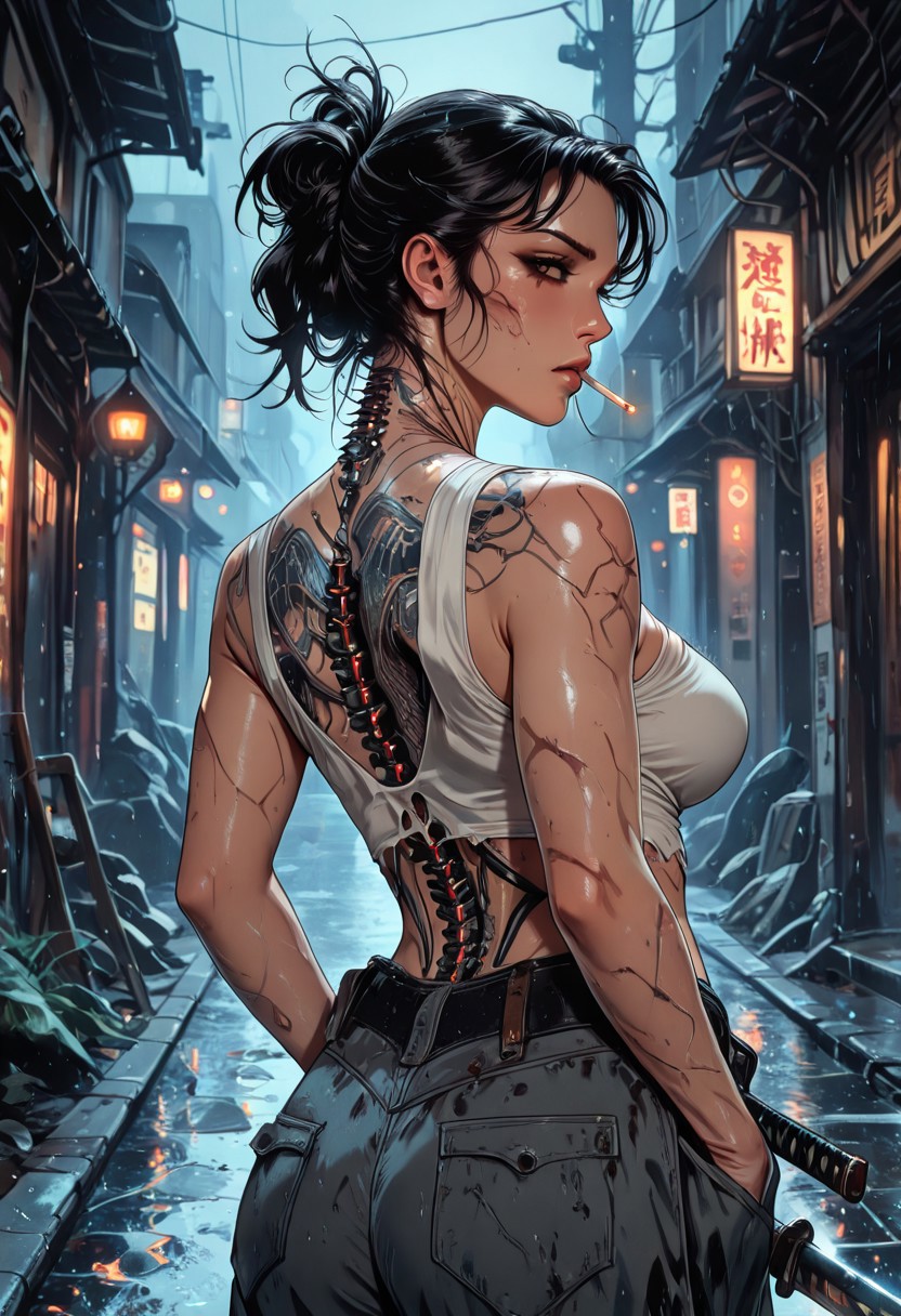 highres, very detailed, amazing quality, masterpiece,
very aesthetic,
particle effect, Cinematic, 
1girl, solo, toned, toned body, scars, slashed clothing, ripped clothing, holes in pants, Black hair, hair up, beautiful, exposed shoulders, exposed back, bionic spine, smoking, cigarette, strong face, angled face, brown eyes, female yakuza, cybernetic katana, bandage top, tube top, large breasts:1.5, looking at viewer, intense glint in eye, beautiful eyes, 
Back tattoo, Dragon back tattoo, 
hands in pockets, baggy pants, ancient pants, 
Raining, ancient Japanese street, 
Close up, cowboy shot, 
From behind, View from behind,