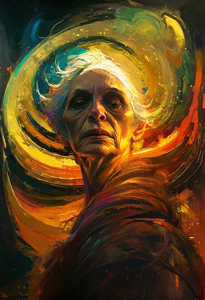 Psychedelic, old woman, style of Jeremy Mann, vibrant colors, swirling patterns, abstract forms, surreal, trippy,