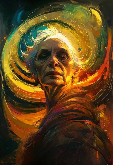 Psychedelic, old woman, style of Jeremy Mann, vibrant colors, swirling patterns, abstract forms, surreal, trippy,