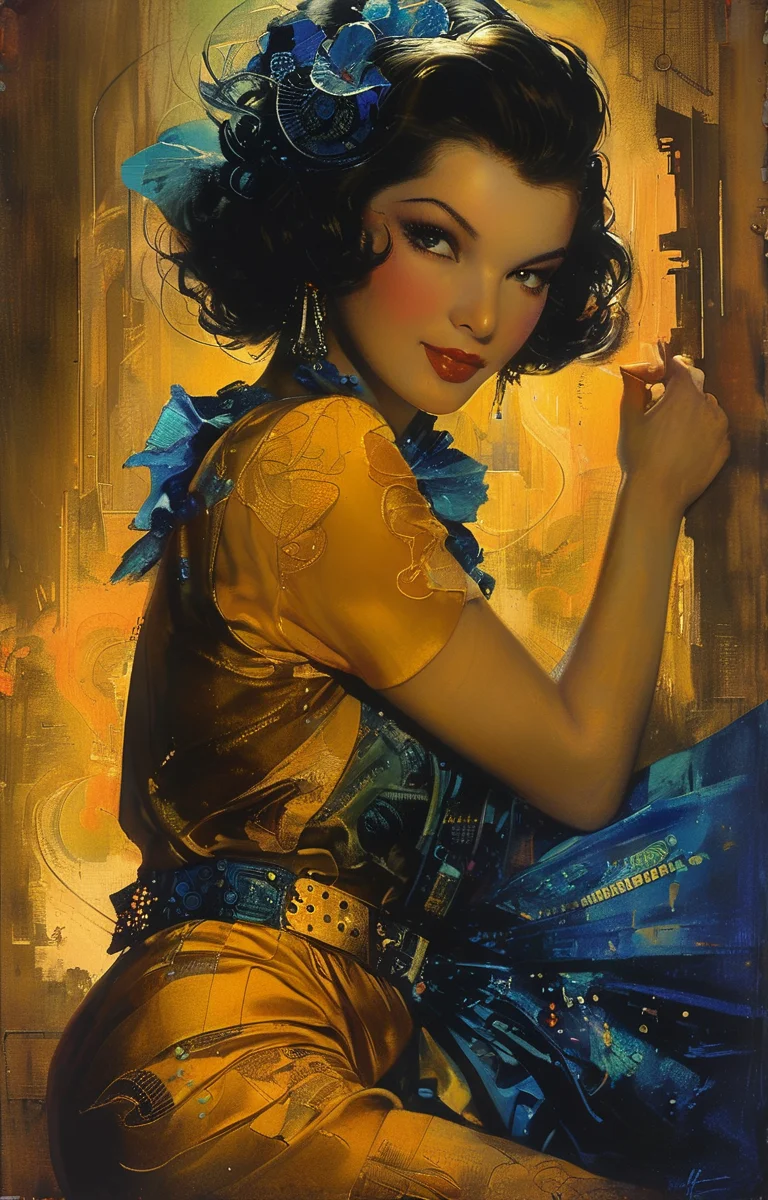 masterpiece,best quality,<lora:tbh216-sdxl:0.9>,illustration,style of Rolf Armstrong, cyberpunk city