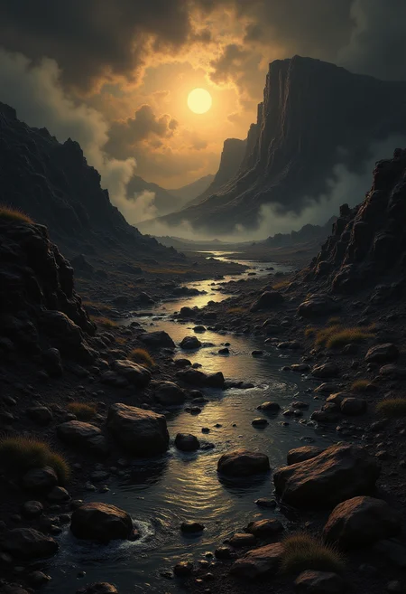 Immerse yourself in a breathtaking landscape bathed in mysterious shadows, where an enigmatic sun casts ominous light upon the rich hues of rusty reds, ebony browns, and somber charcoal grays. A serpentine river winds its way through this desolate terrain, fed by misty waters that flow from an ancient volcanic crater nestled in the distance. Eerie mist blankets the land, obscuring intricate details and lending a haunting atmosphere to the scene. Subtle splashes of emerald moss decorate the worn rocks, contrasting against the muted color palette and drawing the viewer into this stark yet alluring world. The surreal beauty of this dusky scene captivates with its complexity, while the masterful interplay of shadows and highlights heightens the drama of this captivating tableau. ,<lora:flux/fav/we-br-v2.safetensors:1.0:1.0>