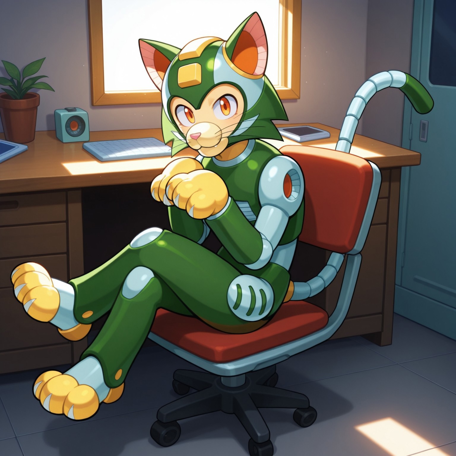 1boy, 2d, solo, Tango, male, robot, feline, cat,((anthro)) green helmet, cat-like ears, animal ears, orange eyes, cat muzzle, pink nose, green and gray body, two whiskers, mechanical tail, light yellow paws,

BREAK happy, looking at viewer, smile, sitting on chair, indoors, full body, legs crossed, table

BREAK best quality, amazing quality, very aesthetic, absurdres, newest, masterpiece, high quality