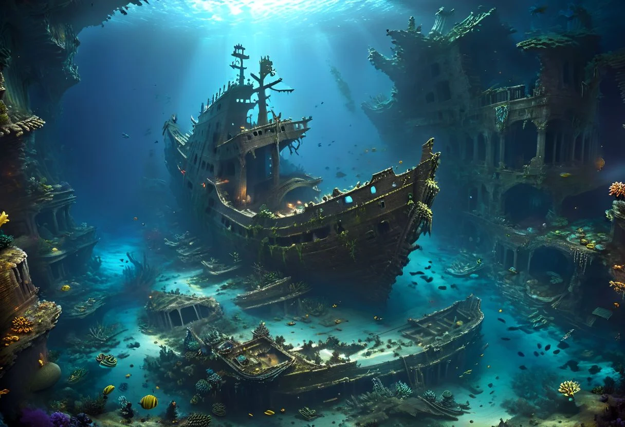 vast reef, dark waters, sea creatures, ruins, sunken ship, long distance, masterpiece, High-Resolution Image, Cinematic, natural light