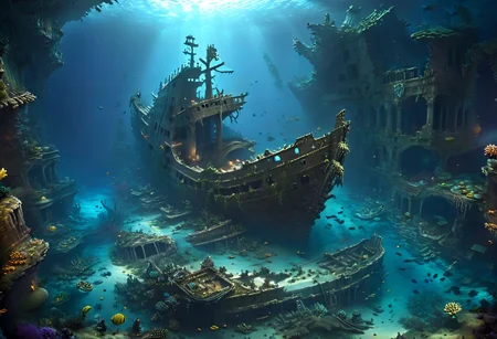 vast reef, dark waters, sea creatures, ruins, sunken ship, long distance, masterpiece, High-Resolution Image, Cinematic, natural light