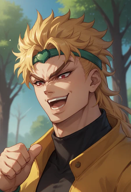 score_9, score_8_up, score_7_up, dioBrando, blonde hair, red eyes, headband, yellow jacket, sleeveless turtleneck leotard, upper body, <lora:DioBrando_pdxl_Incrs_v1:1>, <lora:xl_kono dio da(pony):0.8> dio face, open mouth, smile, thumbs up, outdoors, tree,