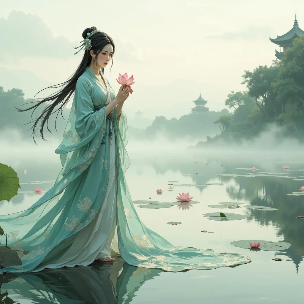 abstract,((A graceful wuxia beauty stands on a tranquil lotus pond, her flowing silk robes rippling like water. She delicately holds a blooming lotus in her hand, her serene face framed by elegant black hair adorned with jade pins. Mist drifts across the pond, softening the distant view of ancient pagodas and willow trees. The scene evokes the elegance of a Song dynasty ink painting, with muted pastel hues, soft light filtering through morning mist, and a sense of stillness. Lotus petals float on the water’s surface, creating a layered, ethereal composition that feels both timeless and magical.))(perfect face),