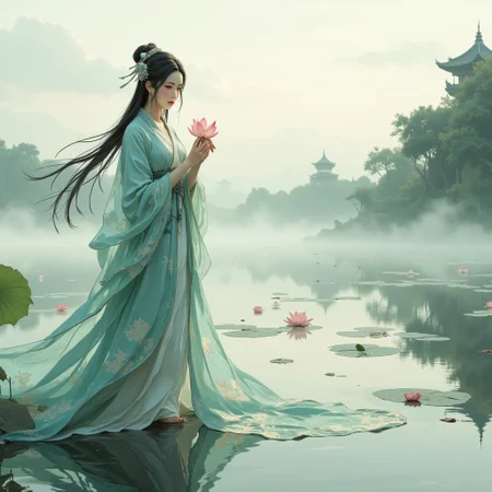 abstract,((A graceful wuxia beauty stands on a tranquil lotus pond, her flowing silk robes rippling like water. She delicately holds a blooming lotus in her hand, her serene face framed by elegant black hair adorned with jade pins. Mist drifts across the pond, softening the distant view of ancient pagodas and willow trees. The scene evokes the elegance of a Song dynasty ink painting, with muted pastel hues, soft light filtering through morning mist, and a sense of stillness. Lotus petals float on the water’s surface, creating a layered, ethereal composition that feels both timeless and magical.))(perfect face),