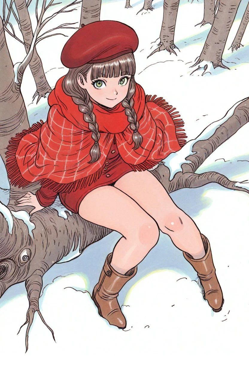 masterpiece, best quality, very aesthetic, absurdres,
full body, 1girl, solo, frost mage, green eyes, long hair, brown hair, twin braids, blunt bangs, bare legs,
winter clothes, plaid clothes, beret, red shawl, red poncho, red dress, short dress, long sleeves, boots, brown footwear, sitting_in_tree, squatting, knees_together_feet_apart, smile, closed_mouth, looking_to_the_side, from_above, snow, forest, wind,
rakugakingu