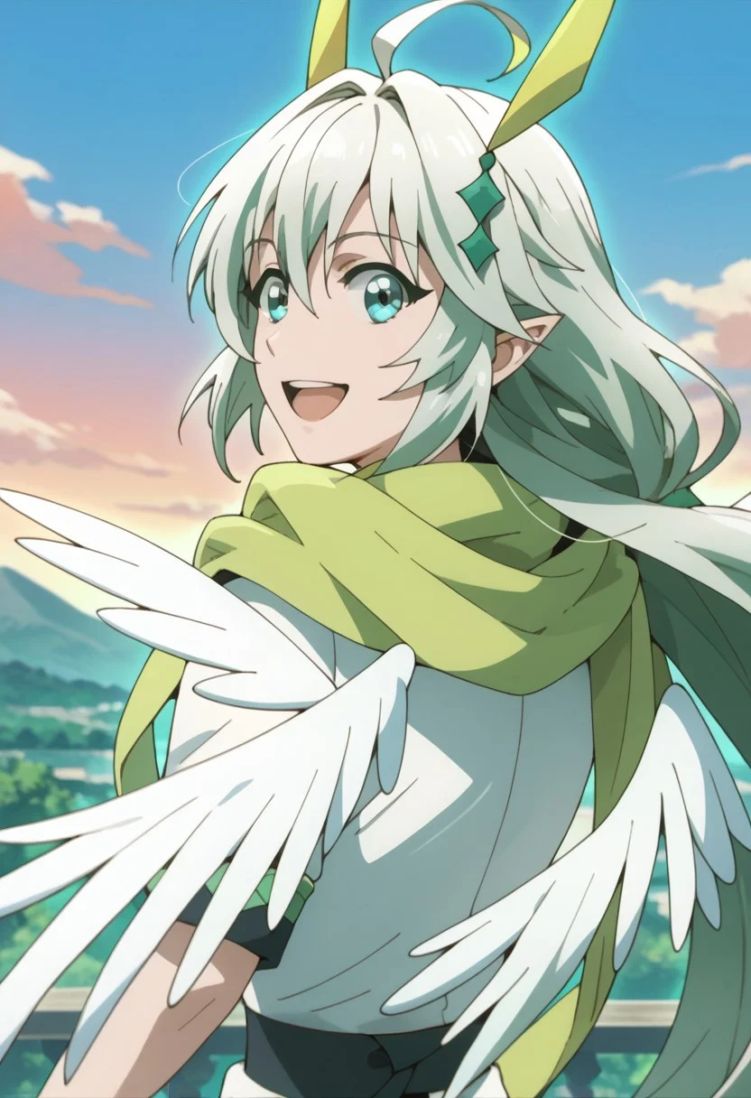 score_9,score_8_up,score_7_up,source_anime, AERIAL_(ISEKAI_CHEAT_MAGICIAN),1girl,solo,looking at viewer,smile,open mouth,hair ornament,upper body,:d,sky,looking back,from behind,scarf,