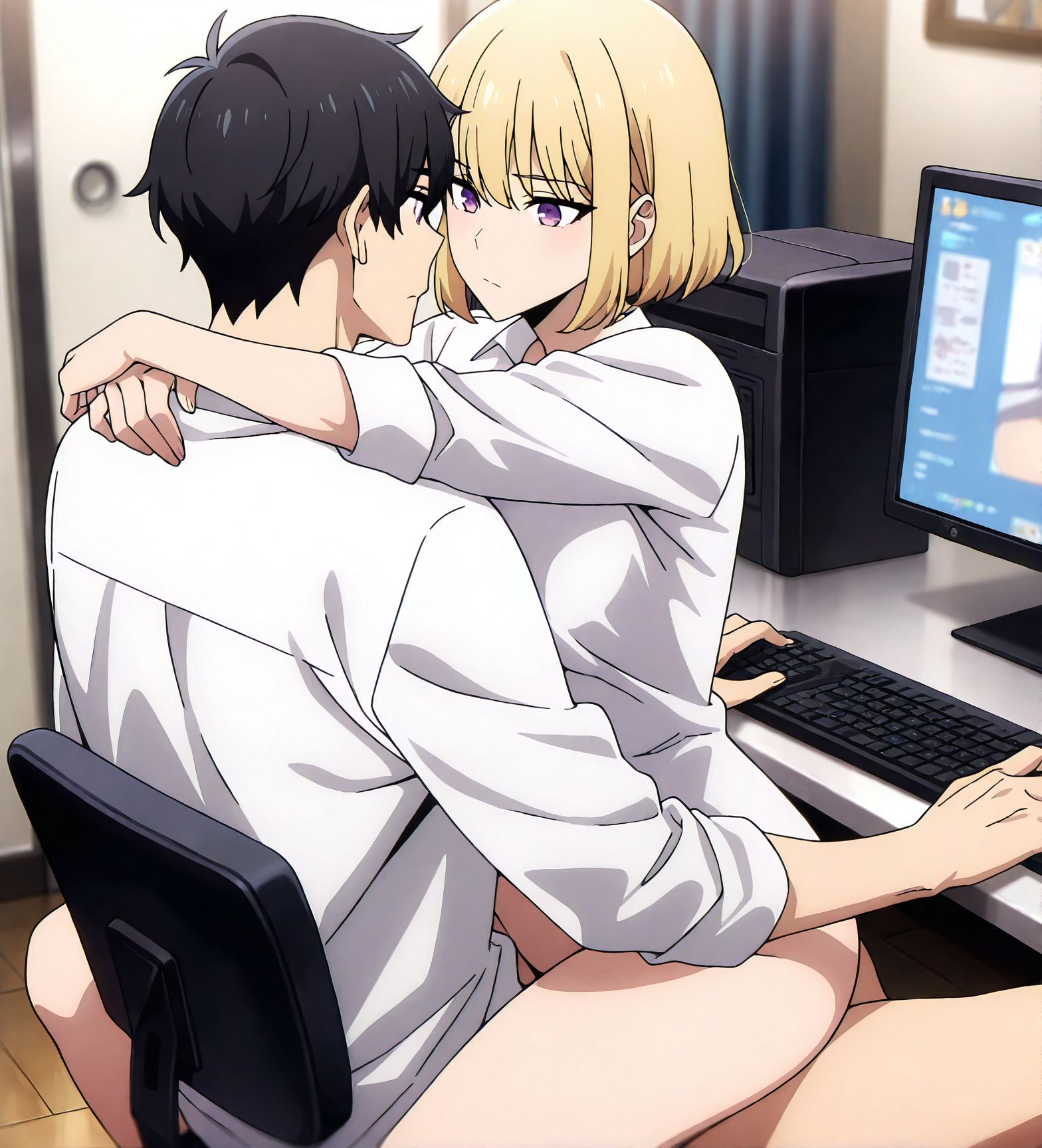 masterpiece, best quality, newest, absurdres, highres, detailed eyes, beautiful, detailed background, perfect eyes, anime coloring, anime screencap,
< lora:Distracted_sex:0.7> Distracted_sex,
1girl,1boy,hetero,
sex,upright straddle,
bottomless,straddling,
computer,sex while play video games,
typing keyboard, hands on keyboard,
<lora:SoloLeveling_ChaHae-In_IlluXL:0.9> ,blonde hair female, short hair, purple eyes, ChaHaeInCasual, collared shirt, white shirt,
Sung Jinwoo (Solo Levelling),
Solo Levelling,
black hair male,
indoors, 
official art,