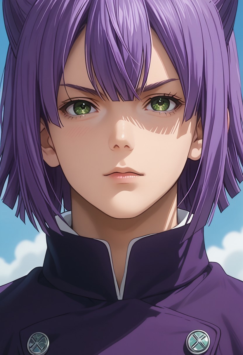 score_9, score_8_up, score_7_up, source_anime, rating_safe, MomoSNS, green Momo eyes, purple Momo hair, 1boy, male focus, anime screencap,