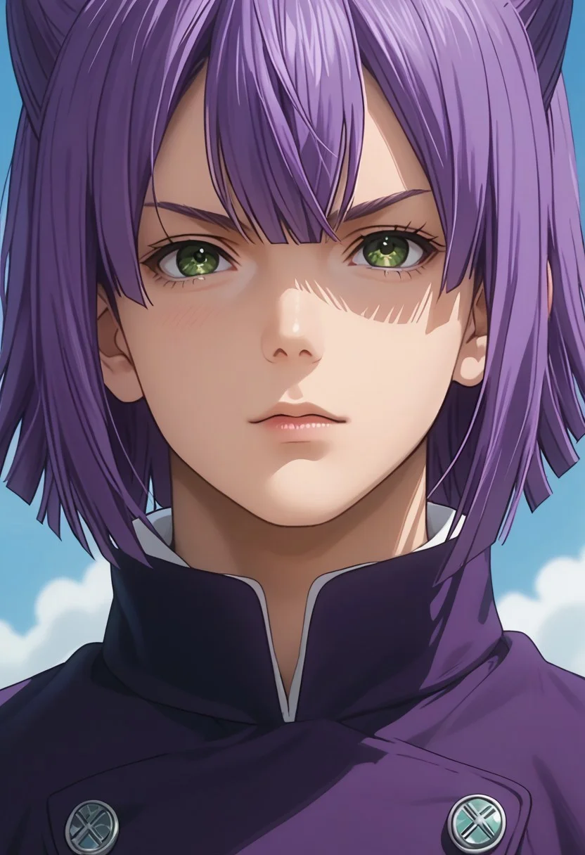 score_9, score_8_up, score_7_up, source_anime, rating_safe, MomoSNS, green Momo eyes, purple Momo hair, 1boy, male focus, anime screencap,