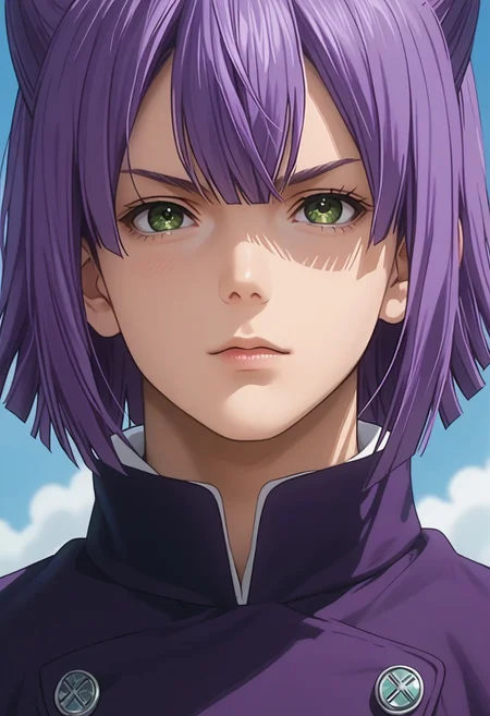 score_9, score_8_up, score_7_up, source_anime, rating_safe, MomoSNS, green Momo eyes, purple Momo hair, 1boy, male focus, anime screencap,