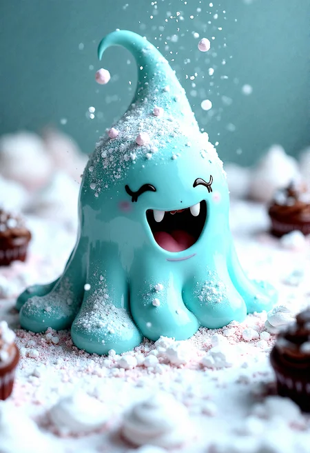 a cute slime candy monster in a mountain of powdered sugar with raining of fine sugar.Chocolate frostings on the side