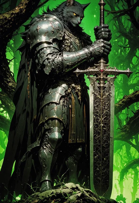 A dark fantasy scene featuring an anthropomorphic cat knight in detailed silver armor, holding a large, engraved sword. The background is a dense, mystical forest bathed in dim green light. The atmosphere is ominous, with shadows and fog adding mystery. Highly detailed textures on the fur, armor, and sword, with a cinematic, epic mood