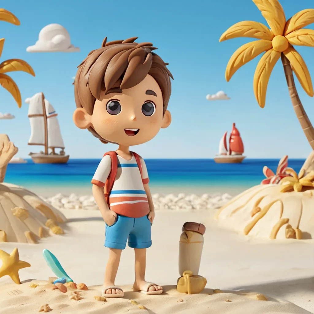 Boy wearing shorts in front of a beach,
,Clay Animation, Clay, <lora:ClayAnimationPash:1>