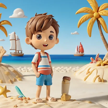 Boy wearing shorts in front of a beach,
,Clay Animation, Clay, <lora:ClayAnimationPash:1>