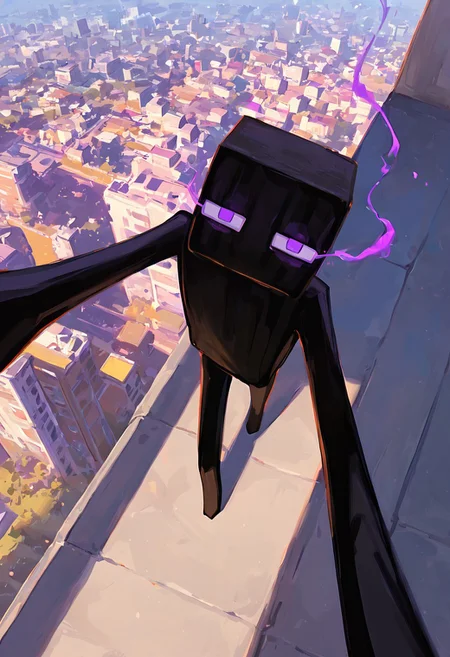 masterpiece, best quality, amazing quality, very aesthetic, absurdres, newest, , detailed background,
klskx
enderman, no humans, purple eyes, rectangle eyes, , solo, male focus, black skin, no mouth, square head, square body, black head , pokemon (creature),
daytime, eye trails, from above, taking selfie, long arms, long limbs, daytime, on building, city view, purple smoke, golden hour, looking at viewer,