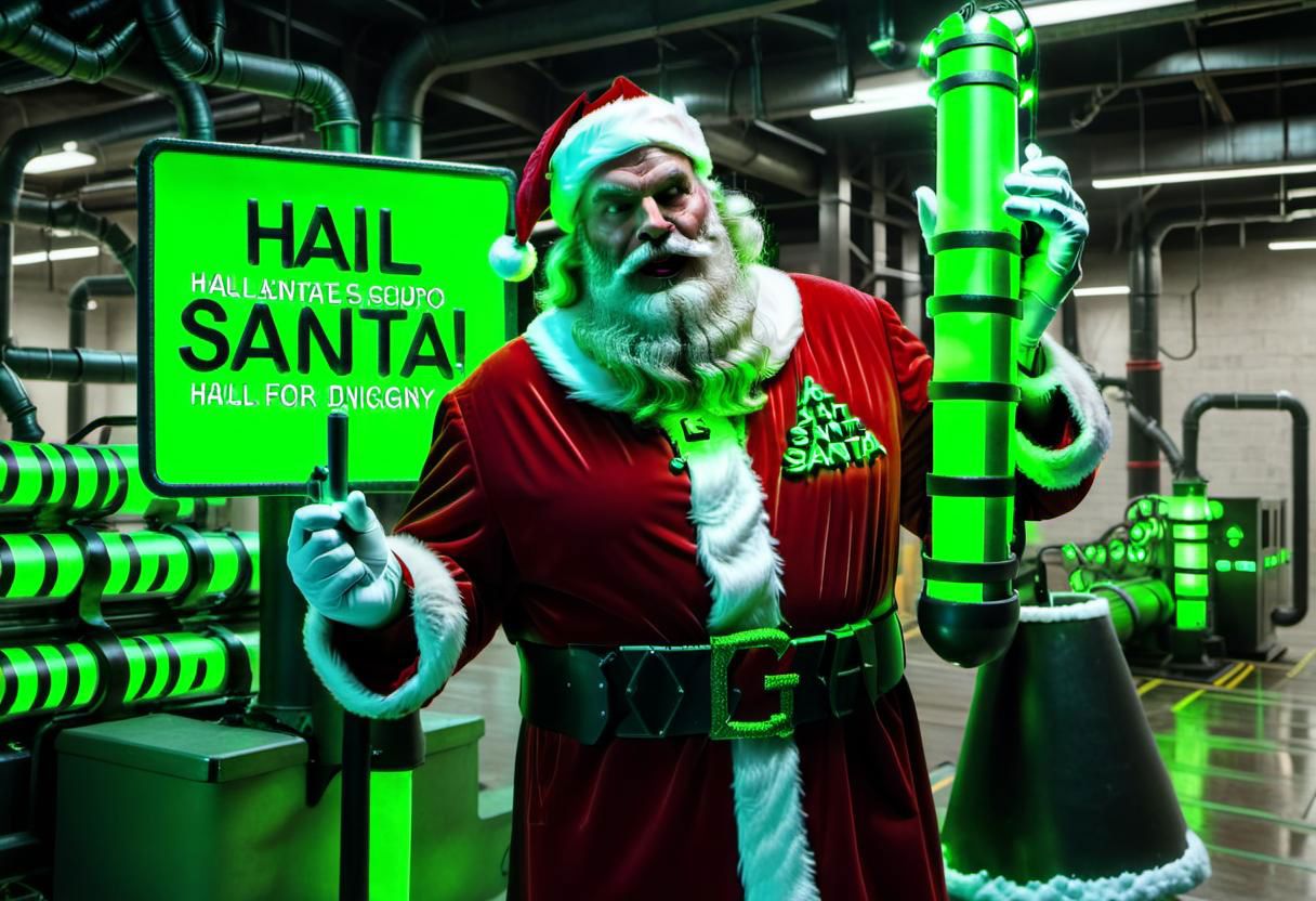 raw photo,cinematic shot,realistic,cybermutant ai overlord santa claus with glowing red and green tubes in an industrial facility holding a sign reading "Hail Santa"