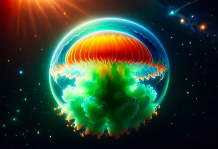 A translucent Sphere with a shrunken Universe forming from a powerful  quantum explosion , (the universe itself a living Jelly  lifeform), Cosmic  Fluorescent Colors  ,Dark Sci-fi ,, Subsurface scattering , Ray Tracing ,Rear Cosmic amibient   light mapping for deep space and Stellar lighting ,electric green , burnt orange , metallic candy apple red,tundra blue  ,8k UHD ,Masterfully rendered in frostbite by   Sithandwesson ,