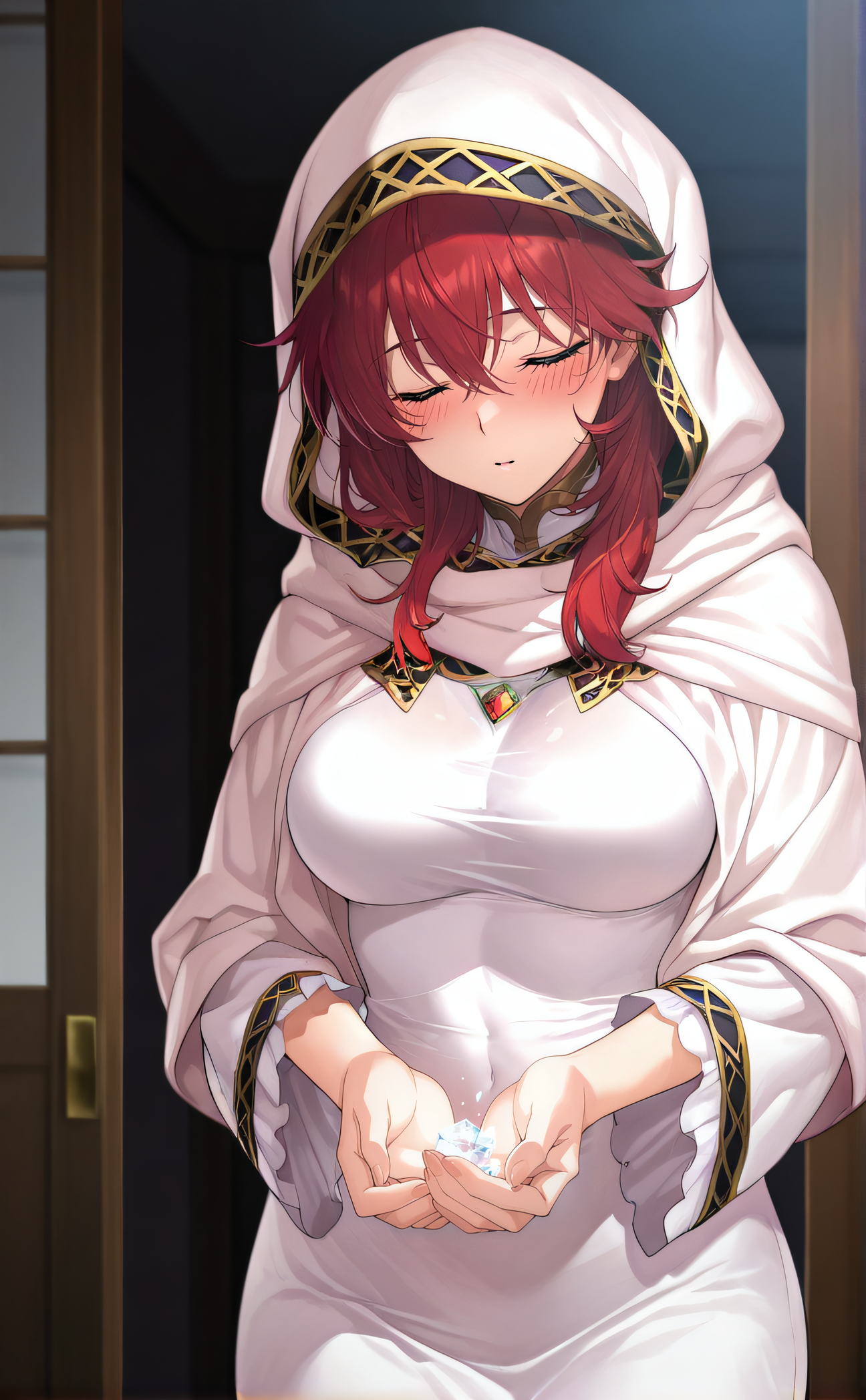masterpiece, best quality, highres, newest, 1girl, solo, official style, anime screencap, <lora:IL_Lena:1>, lena, red hair, closed eyes, white dress, hood, taut dress, cowboy shot, blush, parted lips, healing, arms down