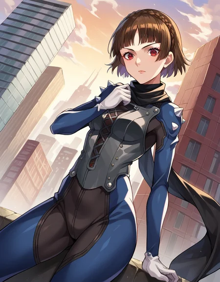 score_9, score_8_up, score_7_up, source_anime,
makotonijima, <lora:makoto-nijima-ponyxl-lora-nochekaiser:1>
makoto nijima, blunt bangs, braid, brown hair, crown braid, red eyes, short hair,
biker clothes, bodysuit, gloves, knee boots, scarf, shoulder spikes, spikes,
outdoors, cityscape,
looking at viewer, cowboy shot, dutch angle,