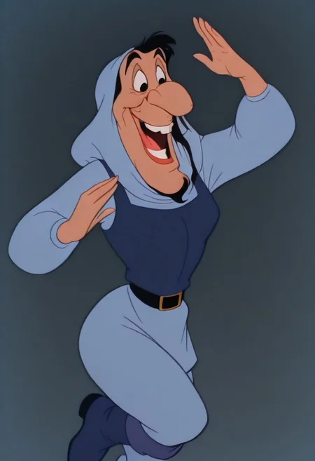 DukeIgthorn, retro artstyle, solo, long black hair, black eyes, big nose, BBN, light blue hood, light blue sleeves, long sleeves, light blue pants, blue tunic, dark blue boots, black buckle belt, smile, open mouth, masterpiece, best quality, sensitive, 1girl, solo, looking at viewer, (dynamic pose:1.4), female body, genderswap (mtf), genderswap, ,, retro artstyle, gender transformation