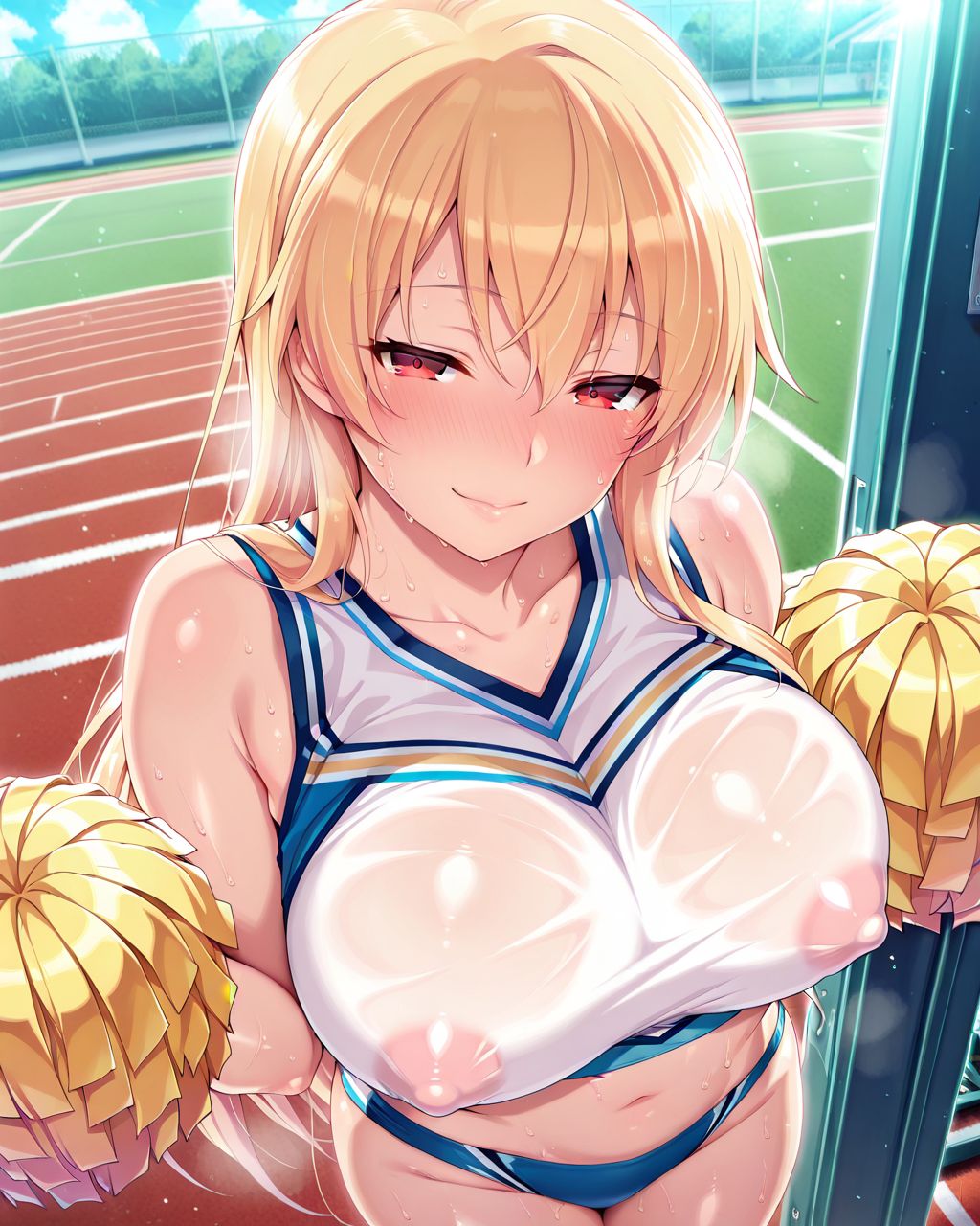 solo, standing, BREAK
1girl,big breasts,lovestruck,seductive smile,in heat,embarrassed,BREAK
blonde hair,long hair,red eyes,cheerleader,BREAK
shiny skin,erect nipples,outdoors, sweat,BREAK
masterpiece,best quality,amazing quality,explicit,<lora:BGKNILL:0.8><lora:総司Ill:0.75>