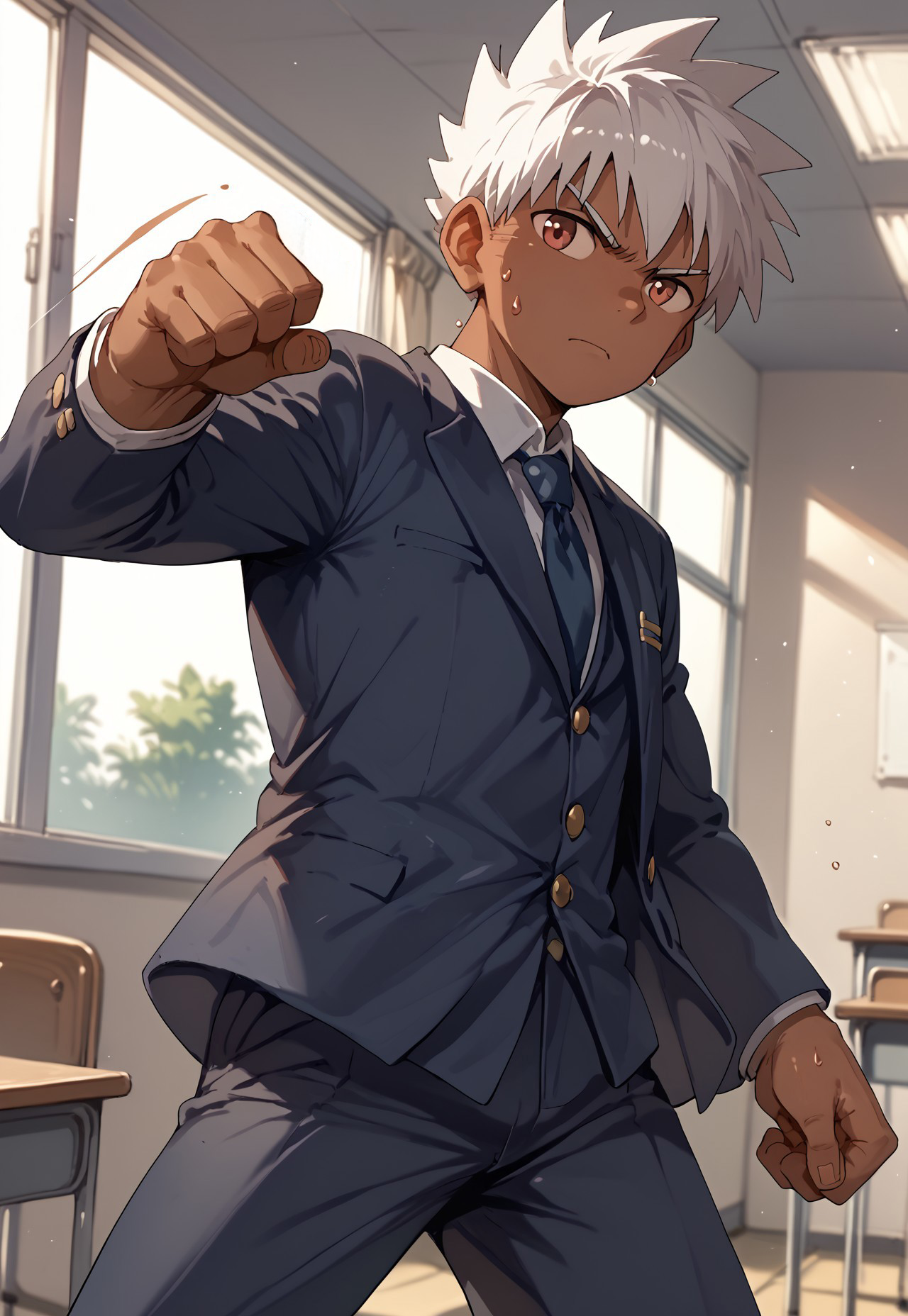 score_9, score_8_up, score_7_up, male focus, solo, ((1boy)), wild_dog, dark skin, dark-skinned male, white hair, ((school uniform, gakuran:1.3, pants)), in school, classroom, ((kicking)), white sport shoe, serious, sweat, cowboy shot