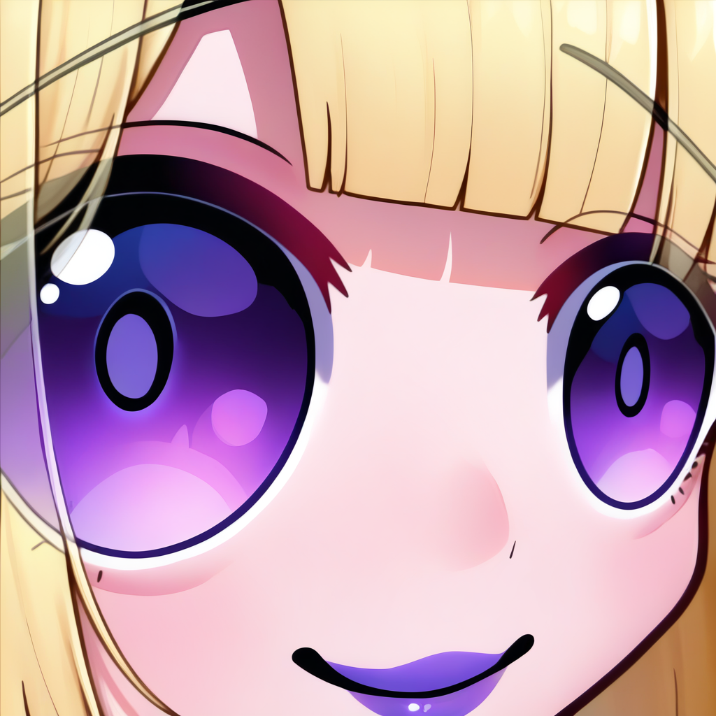 masterpiece, best quality, newest, absurdres, highres, eye focus, close-up, smile, closed mouth, portrait,  <lora:StareMeme_illusXLNoobAI_Incrs_v1-000008:1>, 1girl, blonde, bob cut, fennec ears, purple eyes, purple lips